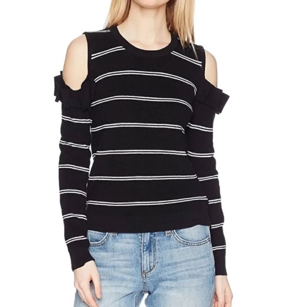 Jack by BB Dakota Black/White Striped Cozy Ruffle Cold Shoulder Sweater